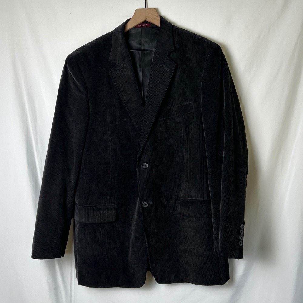 Adolfo Mens Corduroy 2-Button Sport Coat Blazer Size 42R Black Academic Preppy